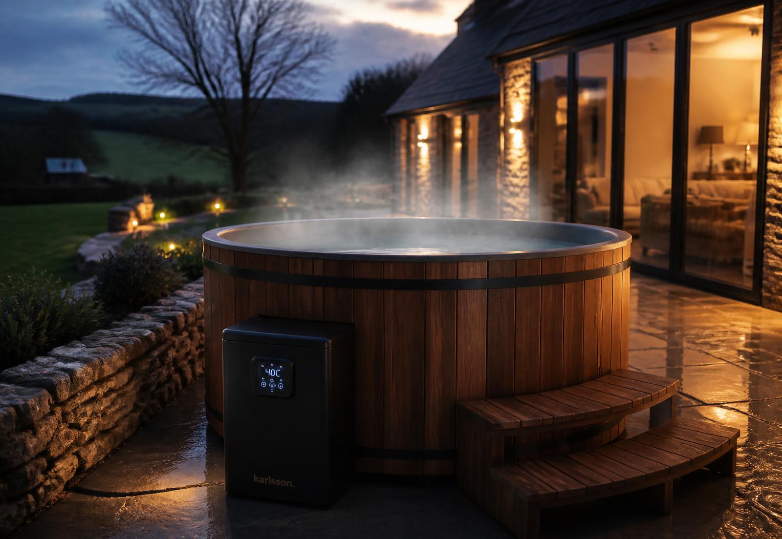 Polar Cyclone cedar-clad cold plunge ice bath with black chiller unit and wooden steps
